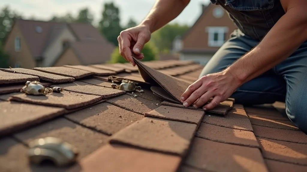Professional roofer examining multiple layers of worn shingles, highlighting the risks of adding new roofing over old.