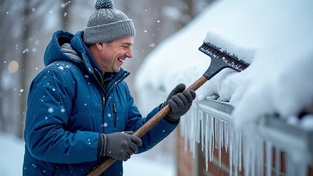 Homeowner clearing snow from roof edge to prevent icicles and heat loss.