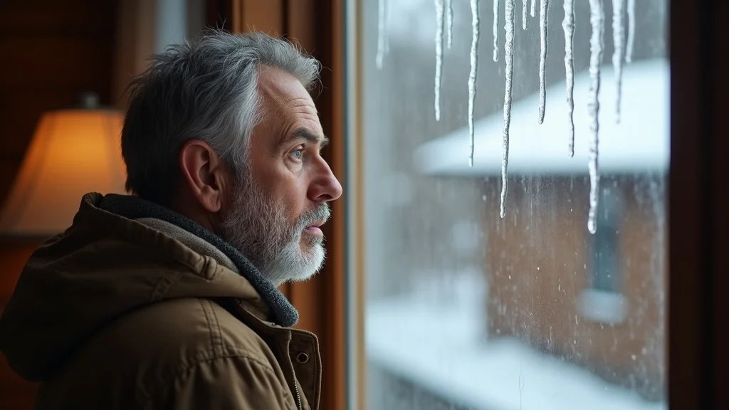 Concerned homeowner observing icicles on gutters from inside, indicating awareness of insulation issues.