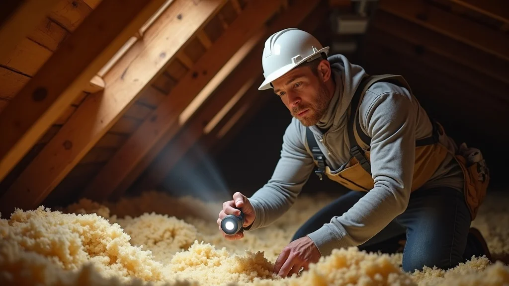 Attic inspection by roofing contractor - checking insulation, ventilation, and full roofing system with flashlight