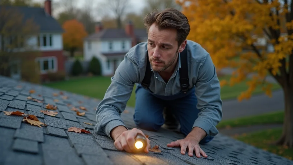 Professional roofer examining roof shingles - questions to ask a roofer about roof repair and replacement, photorealistic, suburban home with autumn trees
