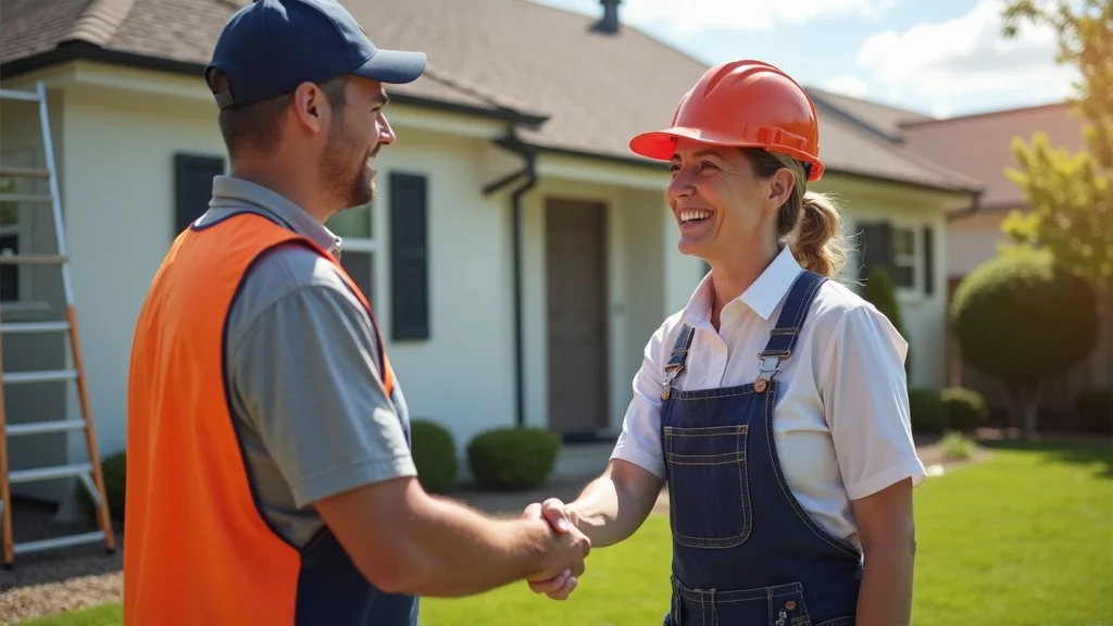 Friendly roofing contractor providing references and written estimate to homeowner after roof inspection