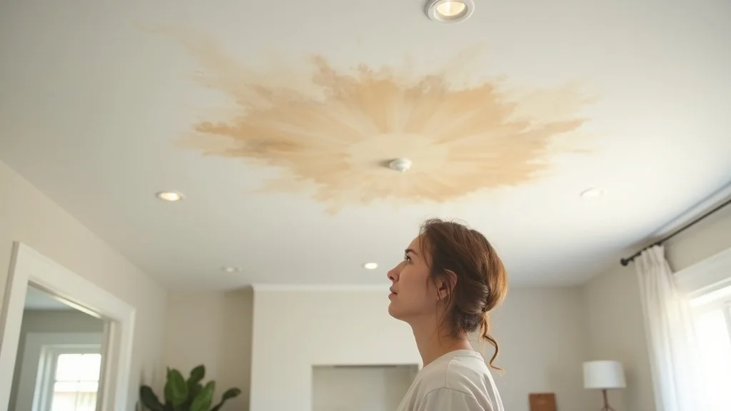 Worried homeowner examining water stains on ceiling - signs of moisture and mold, assessing roofing project urgency