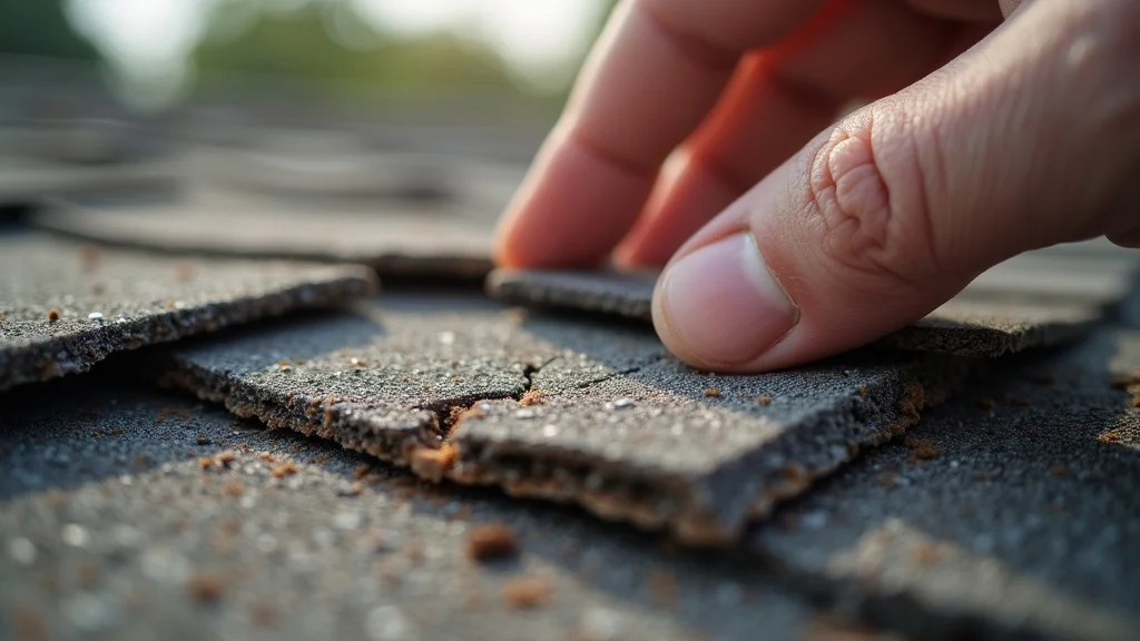 Close-up of cracked, curling asphalt shingles - signs of aging roof needing assessment by a roofing contractor