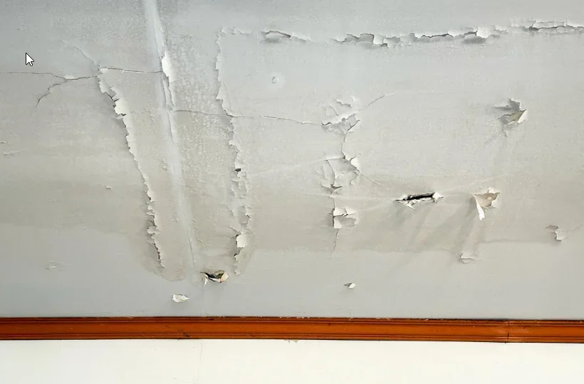 Photorealistic view of a ceiling with a new water stain—evidence of water coming through my ceiling — is it the roof?