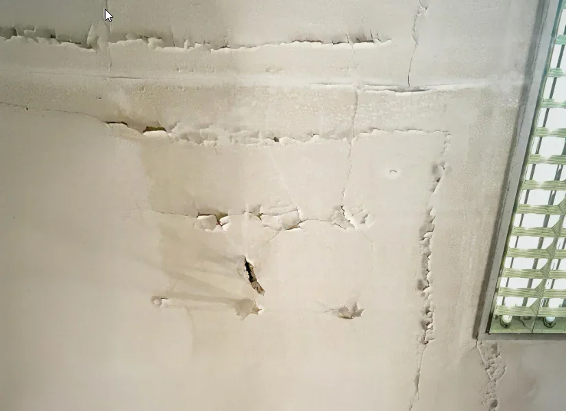 Modern living room with a person moving furniture from a ceiling leak — water coming through my ceiling — is it the roof?