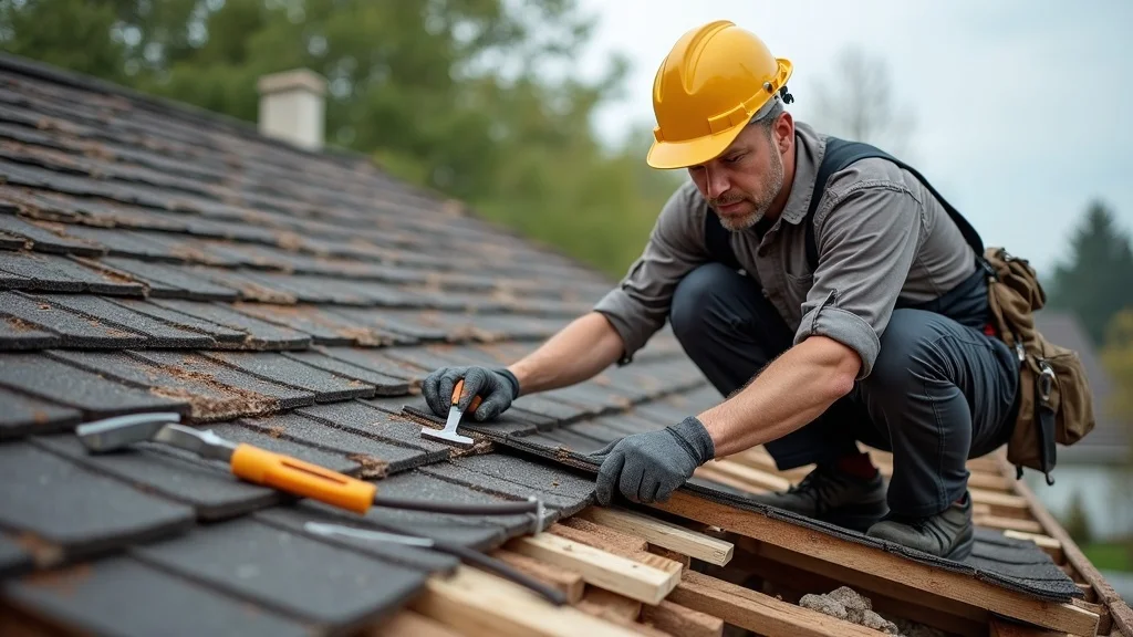 Roofer removing damaged shingles to inspect roof deck for hidden rot and structural issues